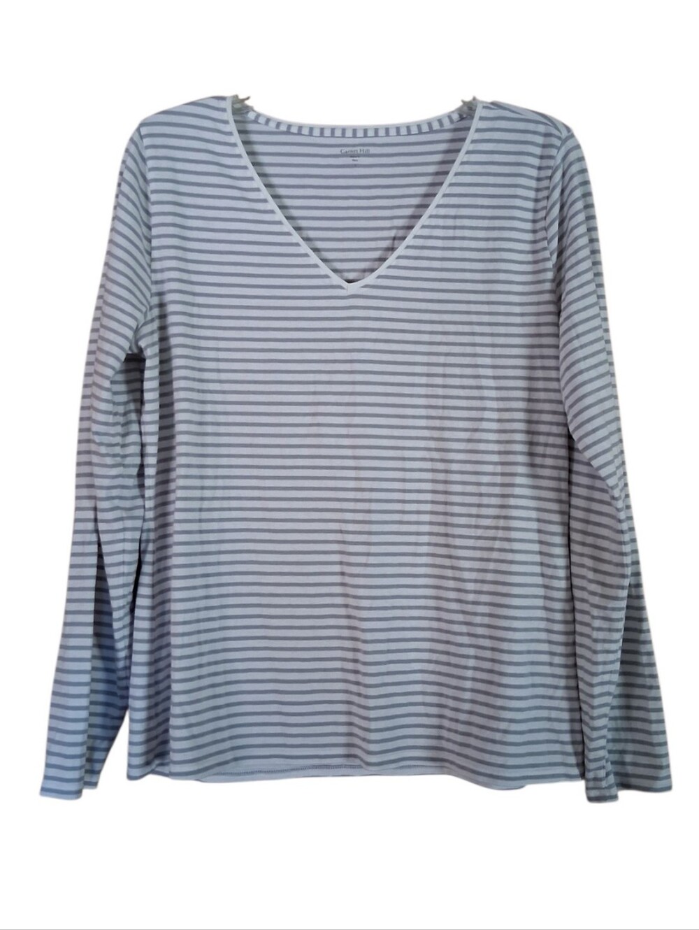 Garnet Hill Pima Cotton Striped V Neck Long Sleeve Shirt Size Large
